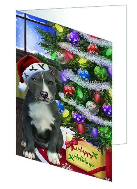 Christmas Happy Holidays American Staffordshire Terrier Dog with Tree and Presents Handmade Artwork Assorted Pets Greeting Cards and Note Cards with Envelopes for All Occasions and Holiday Seasons GCD64340