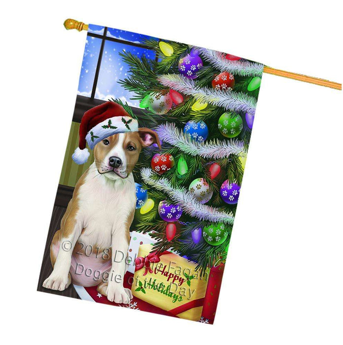 Christmas Happy Holidays American Staffordshire Terrier Dog with Tree and Presents House Flag FLG53632