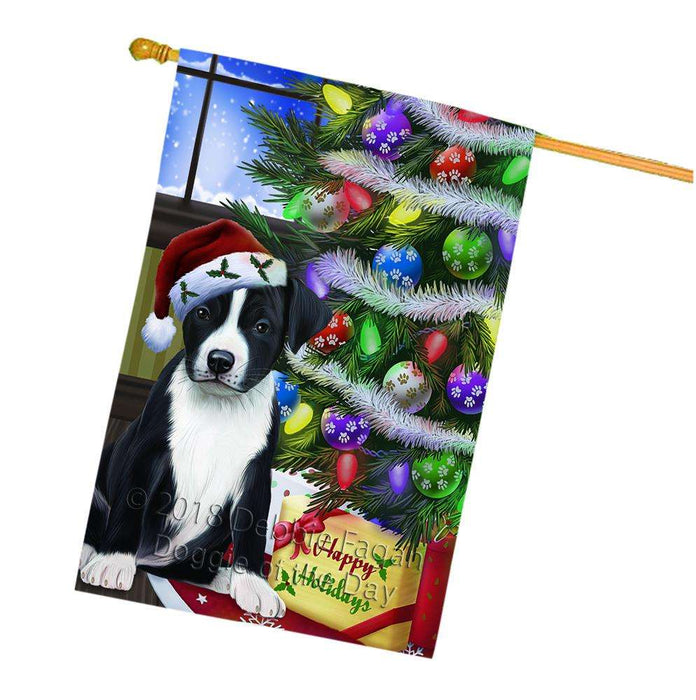 Christmas Happy Holidays American Staffordshire Terrier Dog with Tree and Presents House Flag FLG53633