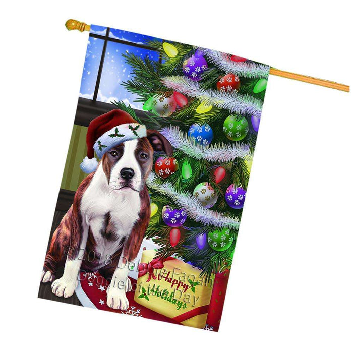 Christmas Happy Holidays American Staffordshire Terrier Dog with Tree and Presents House Flag FLG53634