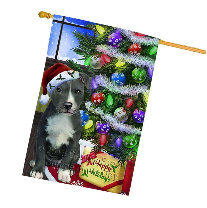 Christmas Happy Holidays American Staffordshire Terrier Dog with Tree and Presents House Flag FLG53635