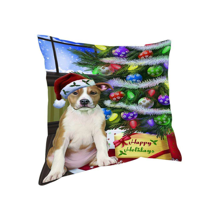 Christmas Happy Holidays American Staffordshire Terrier Dog with Tree and Presents Pillow PIL70360