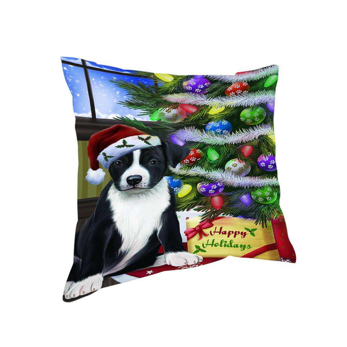 Christmas Happy Holidays American Staffordshire Terrier Dog with Tree and Presents Pillow PIL70364