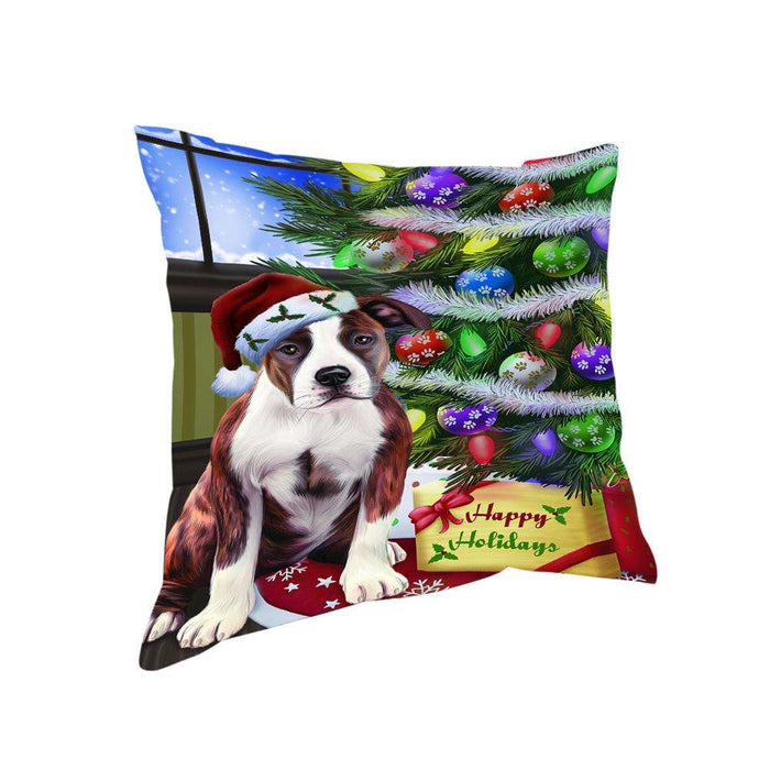 Christmas Happy Holidays American Staffordshire Terrier Dog with Tree and Presents Pillow PIL70368