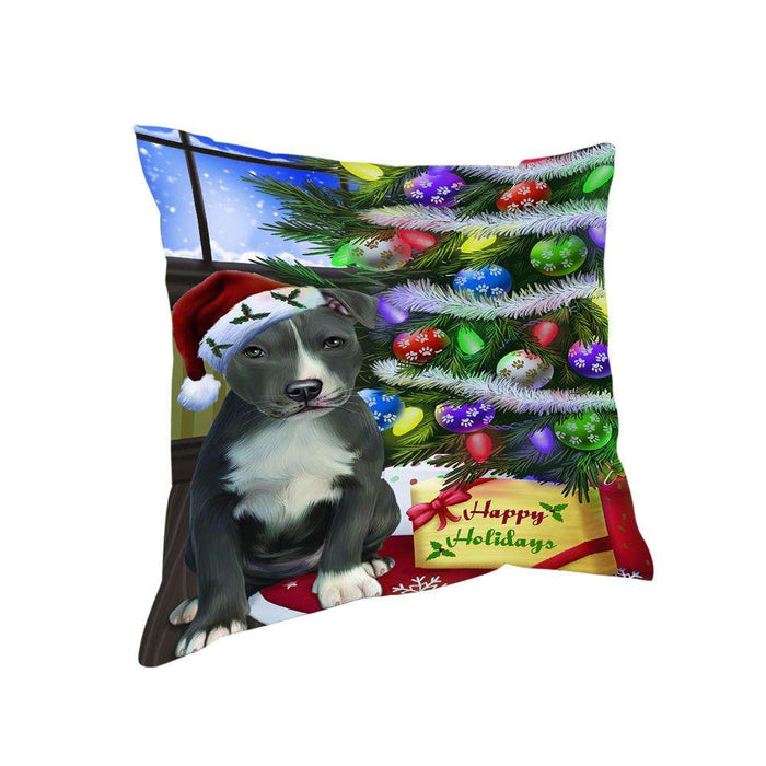 Christmas Happy Holidays American Staffordshire Terrier Dog with Tree and Presents Pillow PIL70372