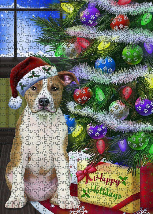 Christmas Happy Holidays American Staffordshire Terrier Dog with Tree and Presents Puzzle with Photo Tin PUZL80892