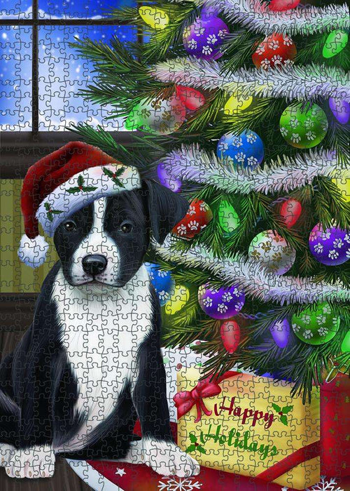 Christmas Happy Holidays American Staffordshire Terrier Dog with Tree and Presents Puzzle with Photo Tin PUZL80896