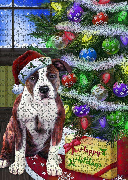 Christmas Happy Holidays American Staffordshire Terrier Dog with Tree and Presents Puzzle  PUZL80900