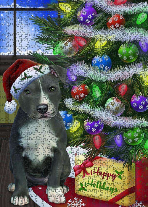 Christmas Happy Holidays American Staffordshire Terrier Dog with Tree and Presents Puzzle  PUZL80904