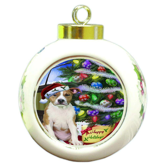 Christmas Happy Holidays American Staffordshire Terrier Dog with Tree and Presents Round Ball Christmas Ornament RBPOR53434