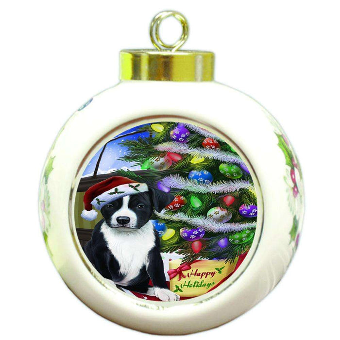 Christmas Happy Holidays American Staffordshire Terrier Dog with Tree and Presents Round Ball Christmas Ornament RBPOR53435