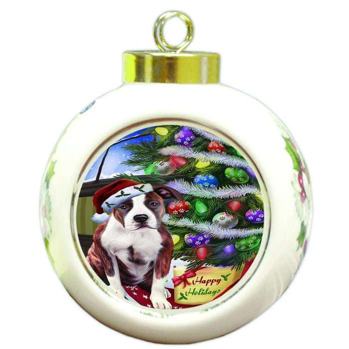 Christmas Happy Holidays American Staffordshire Terrier Dog with Tree and Presents Round Ball Christmas Ornament RBPOR53436