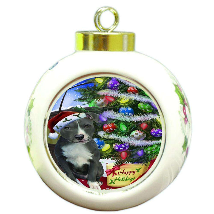Christmas Happy Holidays American Staffordshire Terrier Dog with Tree and Presents Round Ball Christmas Ornament RBPOR53437