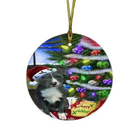 Christmas Happy Holidays American Staffordshire Terrier Dog with Tree and Presents Round Flat Christmas Ornament RFPOR53428