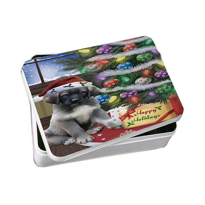 Christmas Happy Holidays Anatolian Shepherds Dog with Tree and Presents Photo Storage Tin