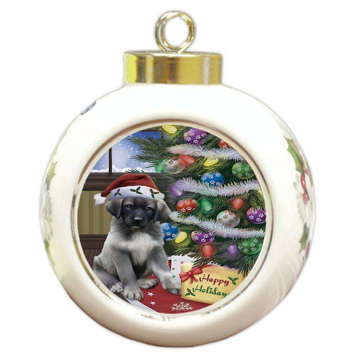 Christmas Happy Holidays Anatolian Shepherds Dog with Tree and Presents Round Ball Ornament