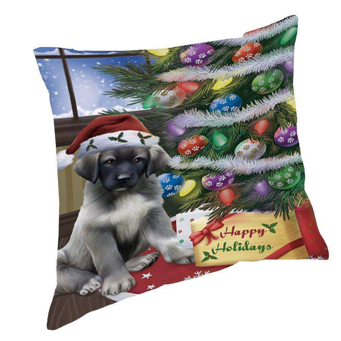 Christmas Happy Holidays Anatolian Shepherds Dog with Tree and Presents Throw Pillow