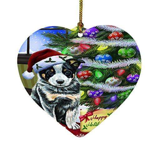 Christmas Happy Holidays Australian Cattle Dog with Tree and Presents Heart Ornament D053