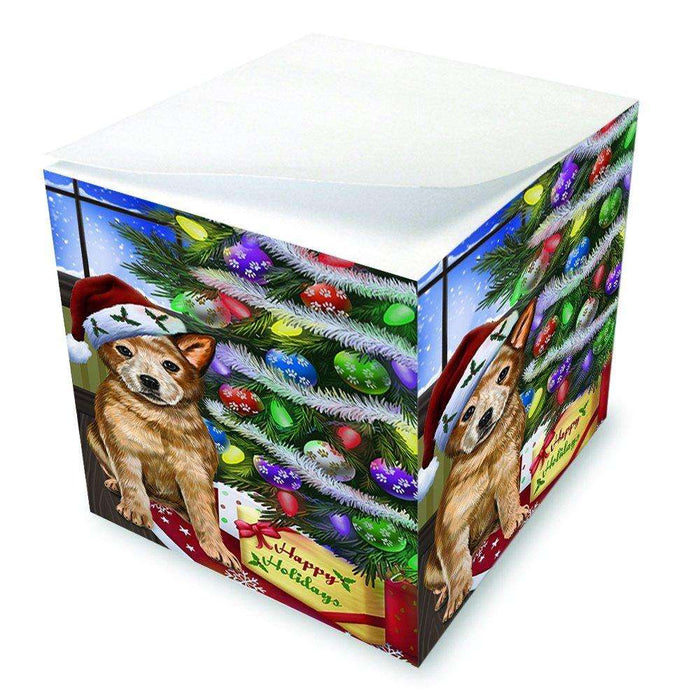 Christmas Happy Holidays Australian Cattle Dog with Tree and Presents Note Cube D048