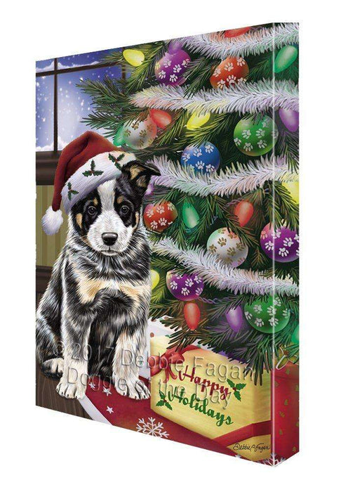 Christmas Happy Holidays Australian Cattle Dog with Tree and Presents Painting Printed on Canvas Wall Art