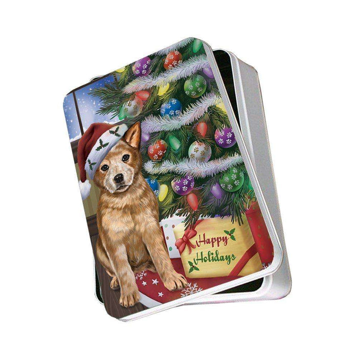 Christmas Happy Holidays Australian Cattle Dog with Tree and Presents Photo Storage Tin