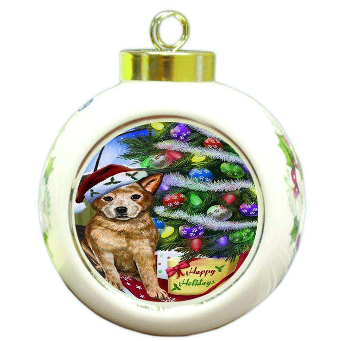 Christmas Happy Holidays Australian Cattle Dog with Tree and Presents Round Ball Ornament D052