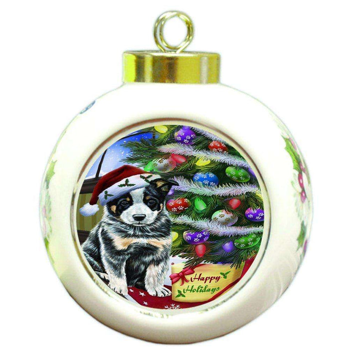 Christmas Happy Holidays Australian Cattle Dog with Tree and Presents Round Ball Ornament D053