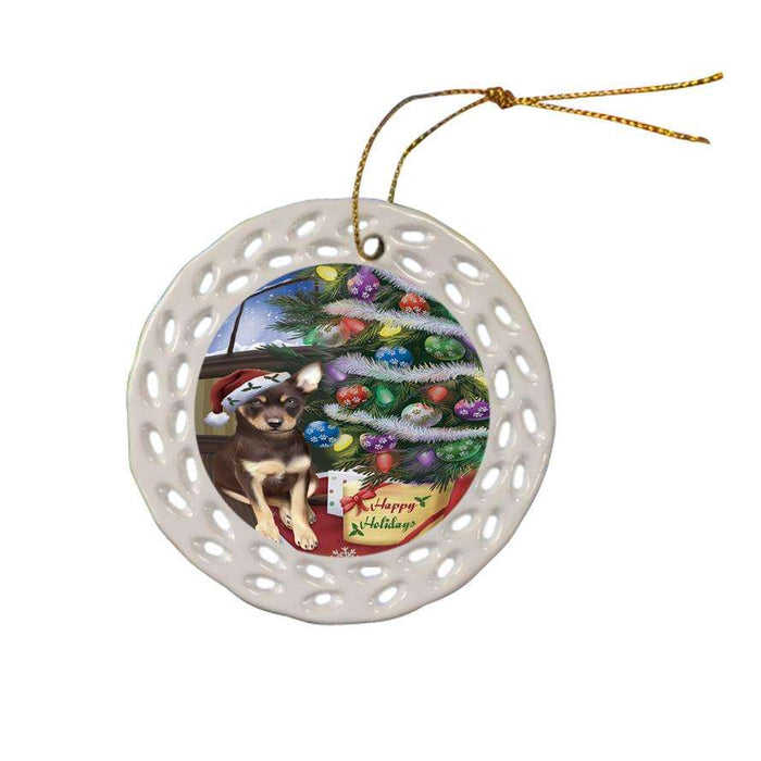 Christmas Happy Holidays Australian Kelpie Dog with Tree and Presents Ceramic Doily Ornament DPOR53800