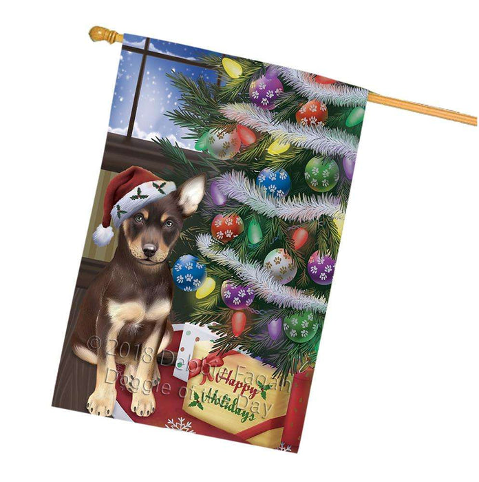 Christmas Happy Holidays Australian Kelpie Dog with Tree and Presents House Flag FLG53998