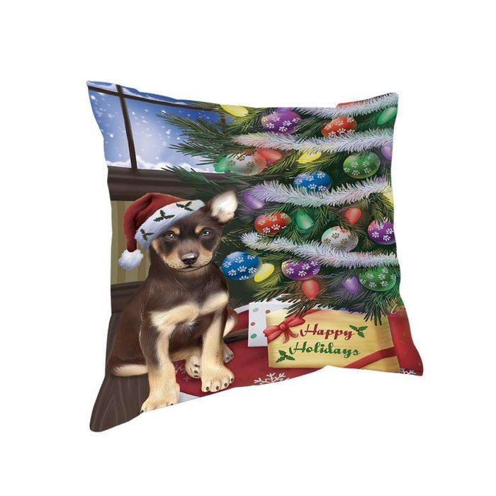 Christmas Happy Holidays Australian Kelpie Dog with Tree and Presents Pillow PIL71824