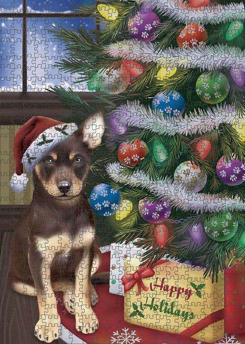 Christmas Happy Holidays Australian Kelpie Dog with Tree and Presents Puzzle with Photo Tin PUZL82356