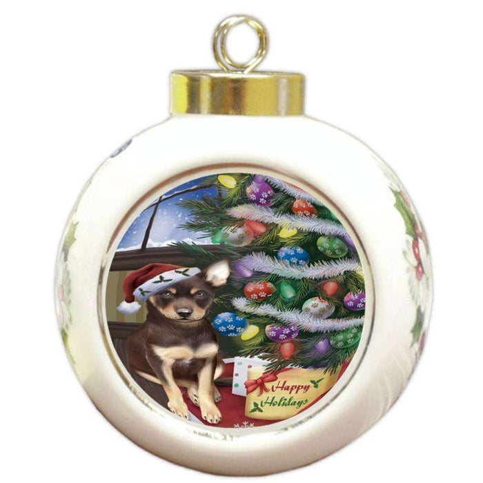 Christmas Happy Holidays Australian Kelpie Dog with Tree and Presents Round Ball Christmas Ornament RBPOR53800