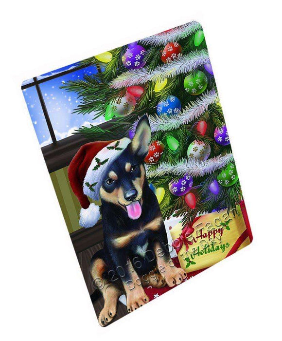 Christmas Happy Holidays Australian Kelpies Dog with Tree and Presents Art Portrait Print Woven Throw Sherpa Plush Fleece Blanket