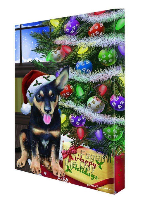 Christmas Happy Holidays Australian Kelpies Dog with Tree and Presents Canvas Wall Art