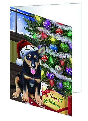 Christmas Happy Holidays Australian Kelpies Dog with Tree and Presents Handmade Artwork Assorted Pets Greeting Cards and Note Cards with Envelopes for All Occasions and Holiday Seasons