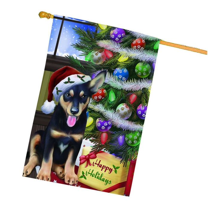 Christmas Happy Holidays Australian Kelpies Dog with Tree and Presents House Flag