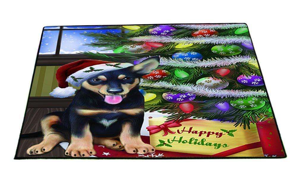 Christmas Happy Holidays Australian Kelpies Dog with Tree and Presents Indoor/Outdoor Floormat
