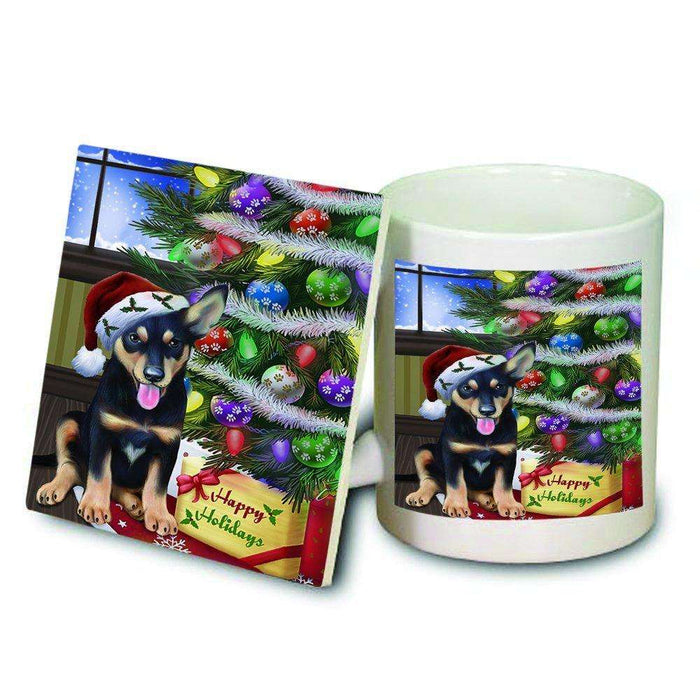Christmas Happy Holidays Australian Kelpies Dog with Tree and Presents Mug and Coaster Set