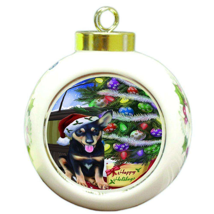 Christmas Happy Holidays Australian Kelpies Dog with Tree and Presents Round Ball Ornament D043