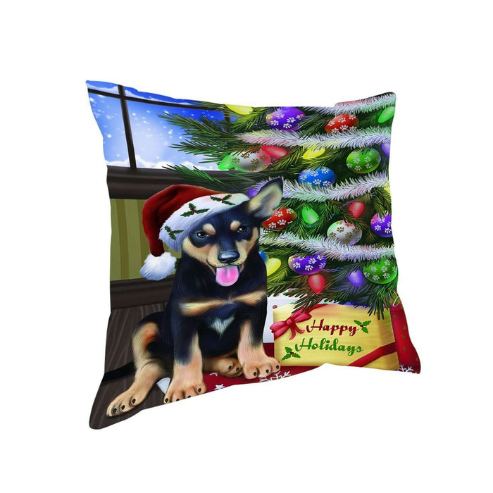 Christmas Happy Holidays Australian Kelpies Dog with Tree and Presents Throw Pillow