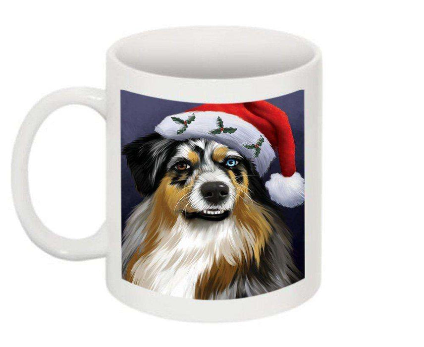 Christmas Happy Holidays Australian Shepherd Dog Wearing Santa Hat Mug CMG0017