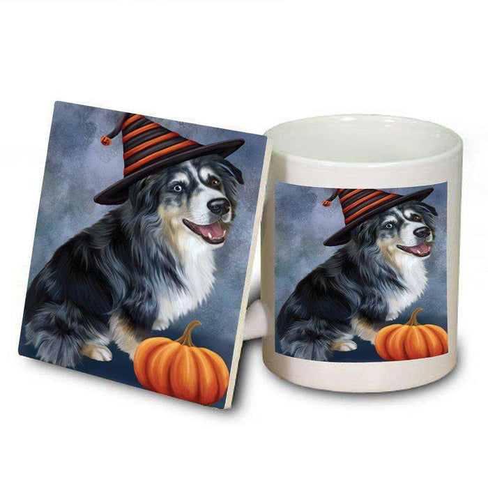 Christmas Happy Holidays Australian Shepherd Dog Wearing Witch Hat Mug and Coaster Set MUC0042