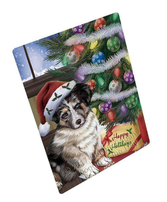 Christmas Happy Holidays Australian Shepherd Dog with Tree and Presents Art Portrait Print Woven Throw Sherpa Plush Fleece Blanket