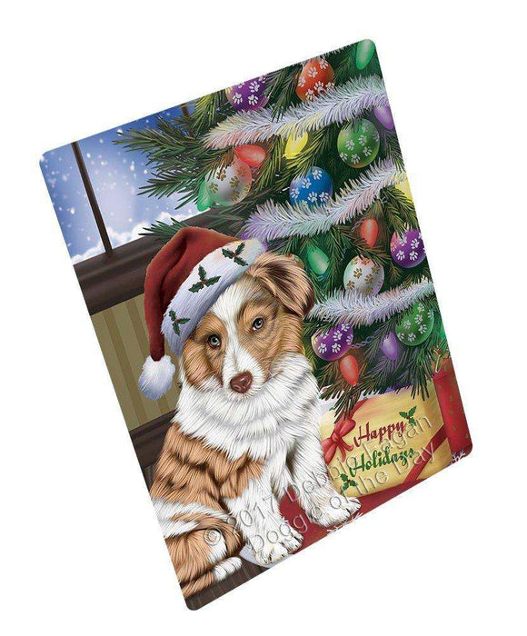 Christmas Happy Holidays Australian Shepherd Dog with Tree and Presents Art Portrait Print Woven Throw Sherpa Plush Fleece Blanket