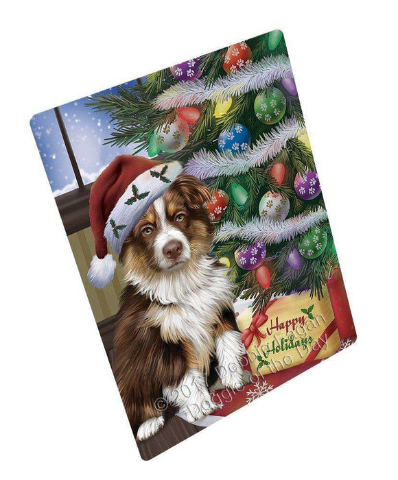 Christmas Happy Holidays Australian Shepherd Dog with Tree and Presents Art Portrait Print Woven Throw Sherpa Plush Fleece Blanket