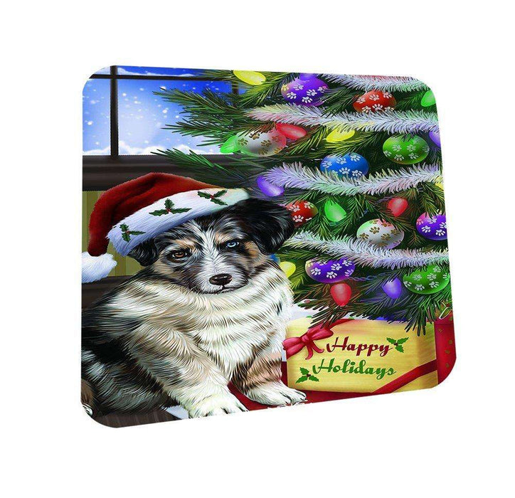 Christmas Happy Holidays Australian Shepherd Dog with Tree and Presents Coasters Set of 4