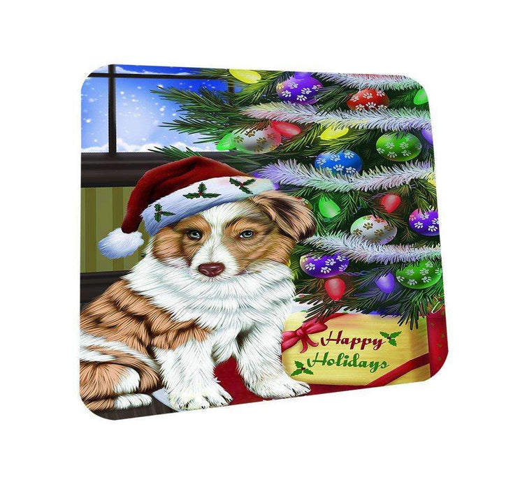 Christmas Happy Holidays Australian Shepherd Dog with Tree and Presents Coasters Set of 4