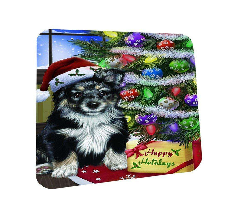 Christmas Happy Holidays Australian Shepherd Dog with Tree and Presents Coasters Set of 4