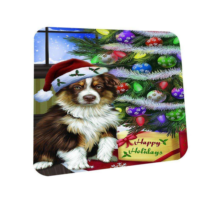 Christmas Happy Holidays Australian Shepherd Dog with Tree and Presents Coasters Set of 4