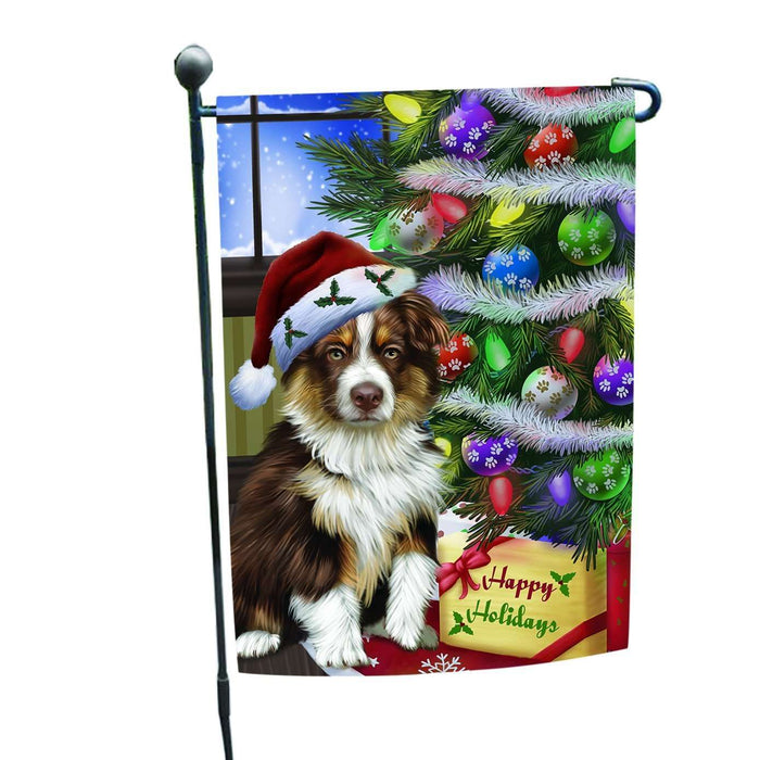 Christmas Happy Holidays Australian Shepherd Dog with Tree and Presents Garden Flag